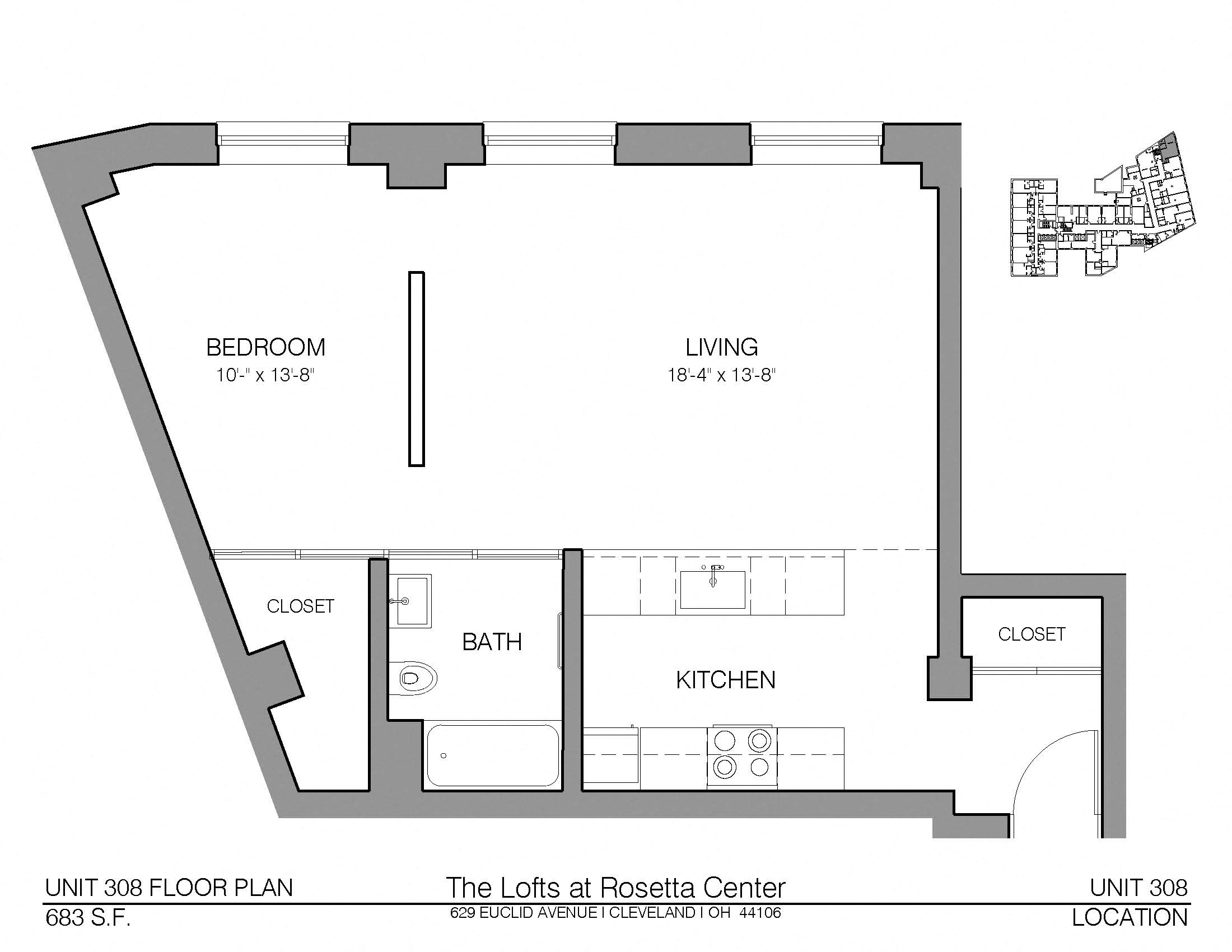 Floor plan for studio, 1 bath, 683 sqft